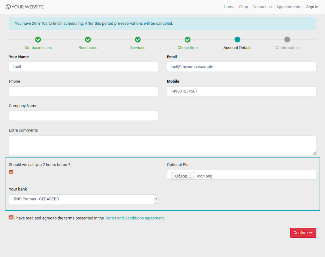 Appointment input form custom details