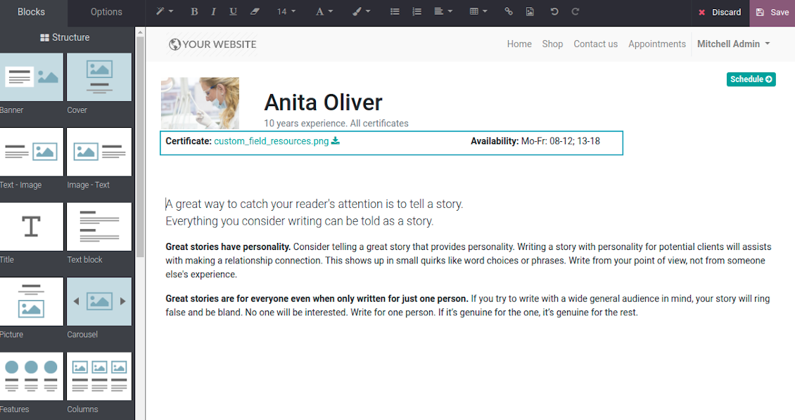 Custom details on Odoo website