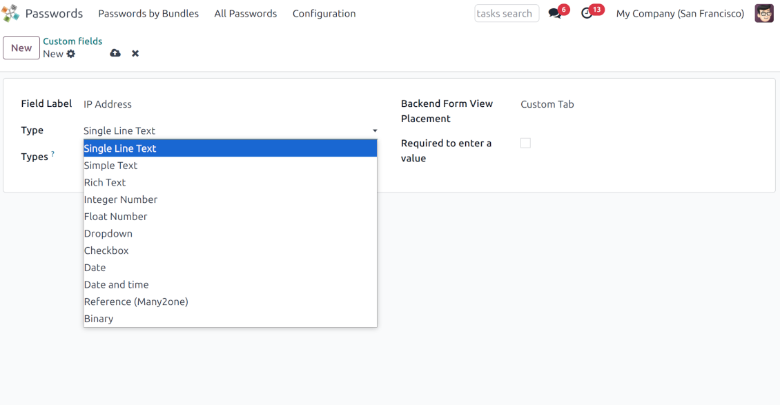 Types of custom fields for access keys