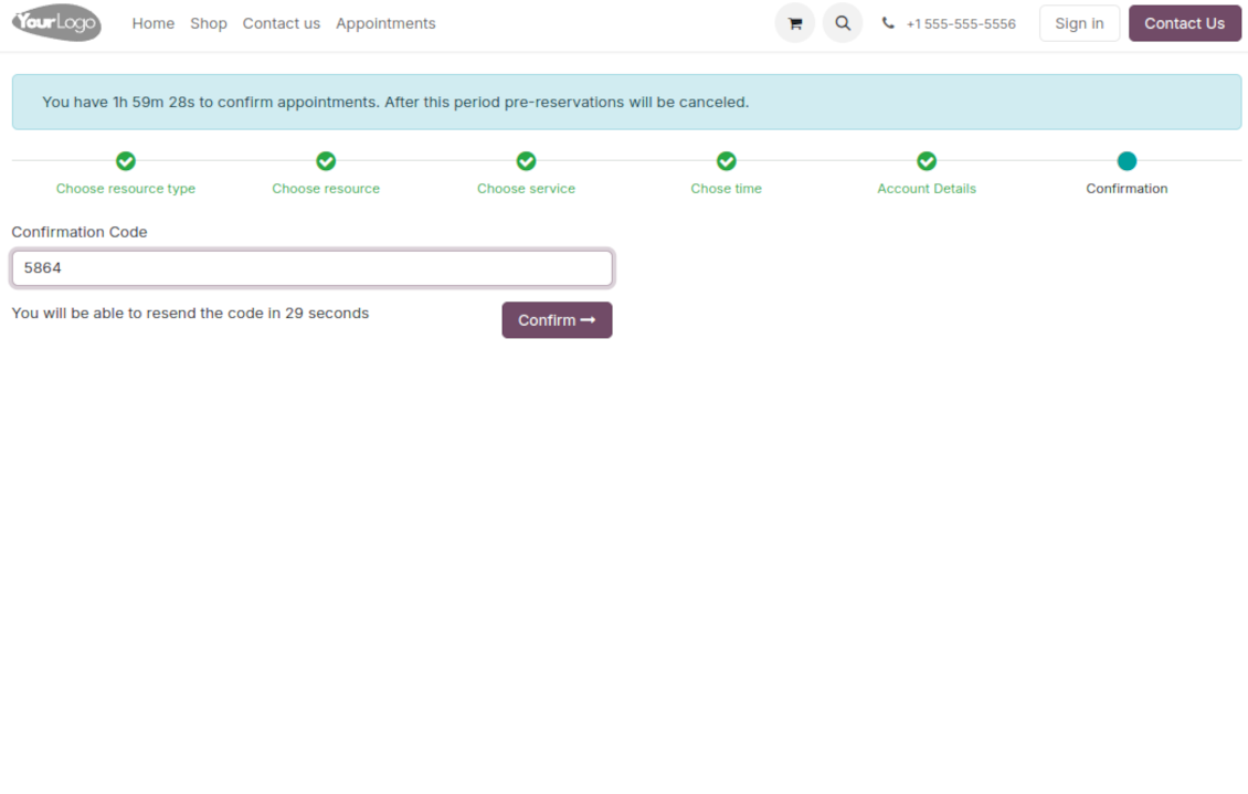 Confirmation code email to finish the appointment