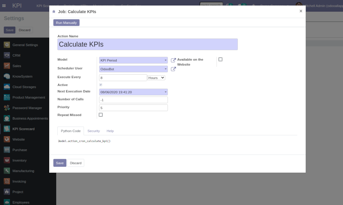 Odoo KPI automatic cron job
